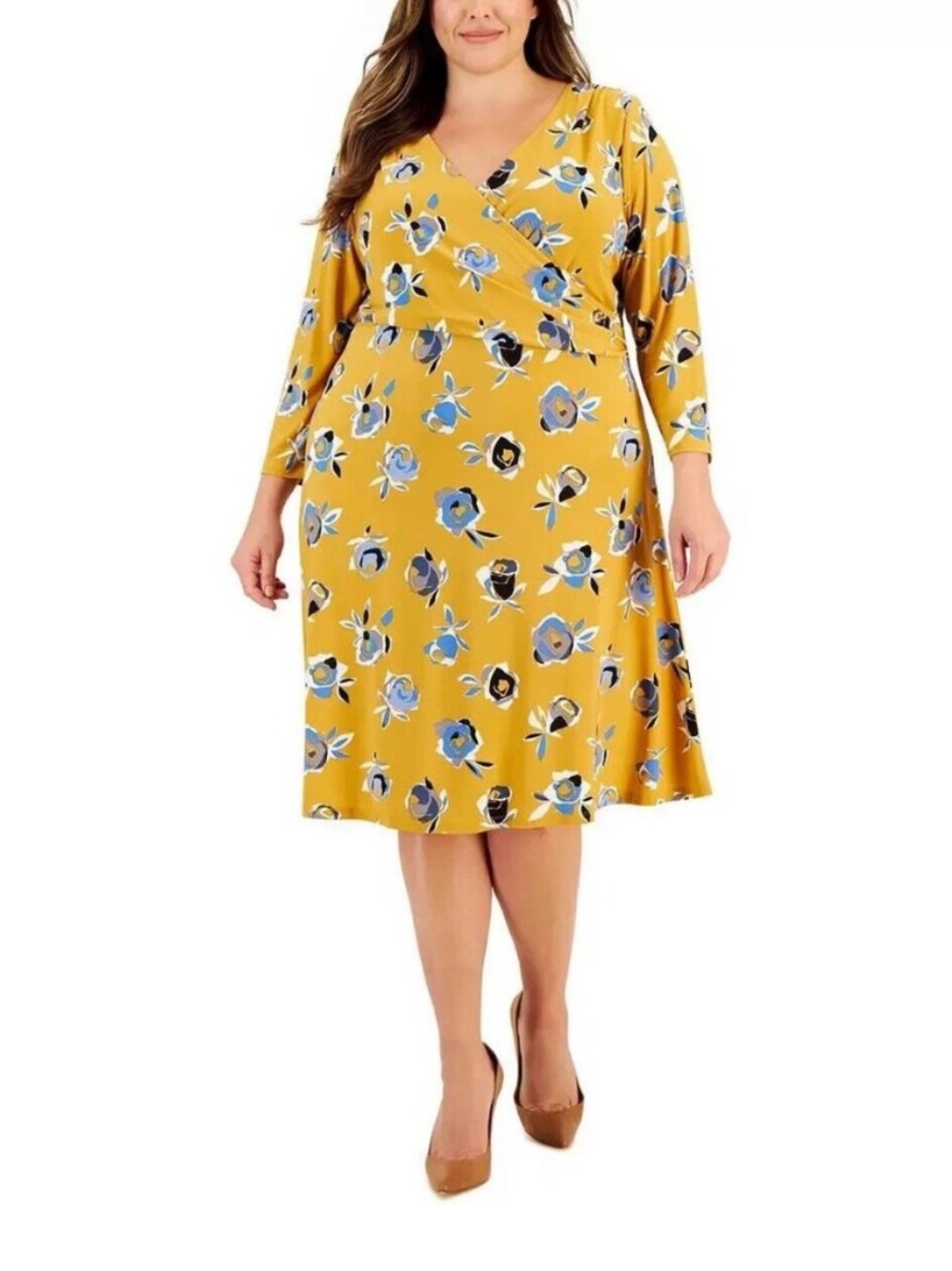NWT Kasper Sz 3X Women’s Gold Yellow Floral V-neck Long Sleeve Dress Ret $99!